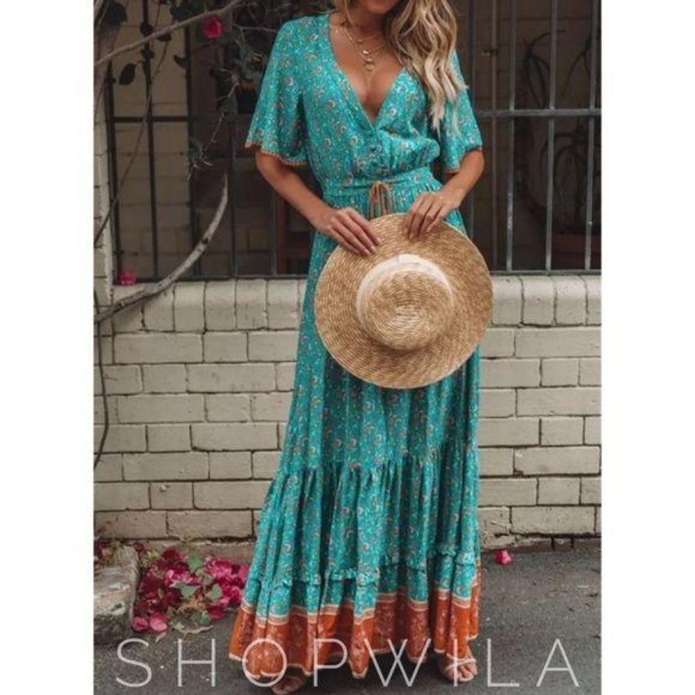 Bohemian Floral Print Maxi Dress Green Gypsy - Picture 3 of 8
